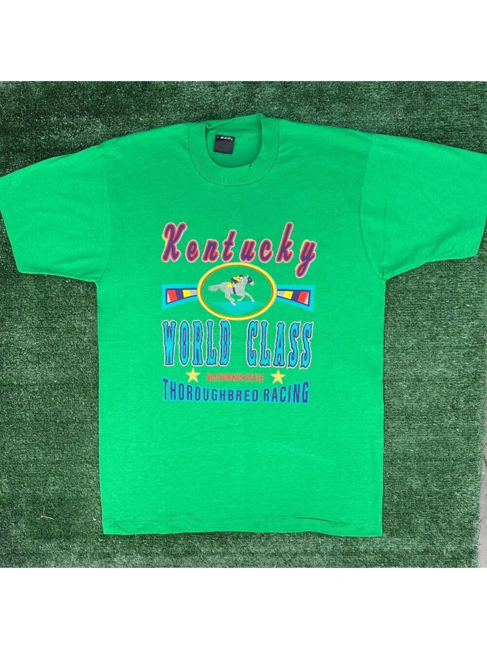 Vintage 80s Kentucky Derby Horse Racing T-Shirt Green L Single Stitch Preppy